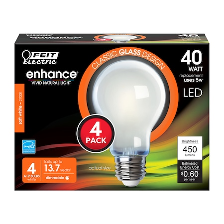 Feit Electric Feit Enhance A19 E26 (Medium) Filament LED Bulb Soft White 40 Watt Equivalence 4 pk A1940/927CAFIL4